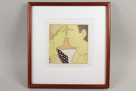 Signed & Framed Aquatint "Kiss" by Andrew Stevovich: Signed & Framed Aquatint "Kiss" by Andrew Stevovich. This framed print from Andrew Stevovich (Austrian/American, b. 1948) features a couple in profile about to kiss, with patterned details in the