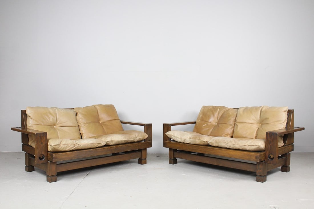 Pair of Mid-Century Modern Wood & Leather French Settee Sofas (1 of 18)