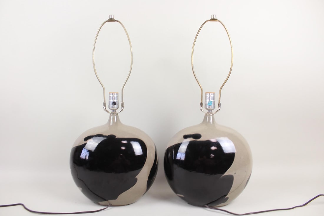 Pair of Black & Tan Ceramic Abstract Oval Table Lamps (1 of 11)