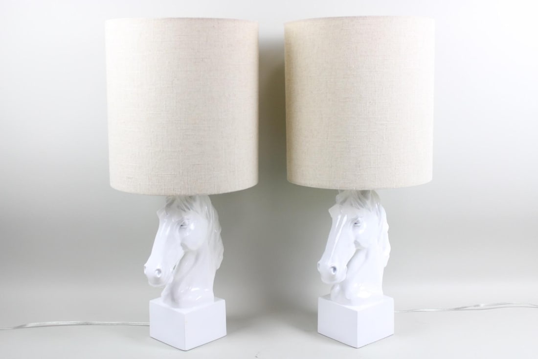 Pair of White Horse Table Lamps with Shades (1 of 13)