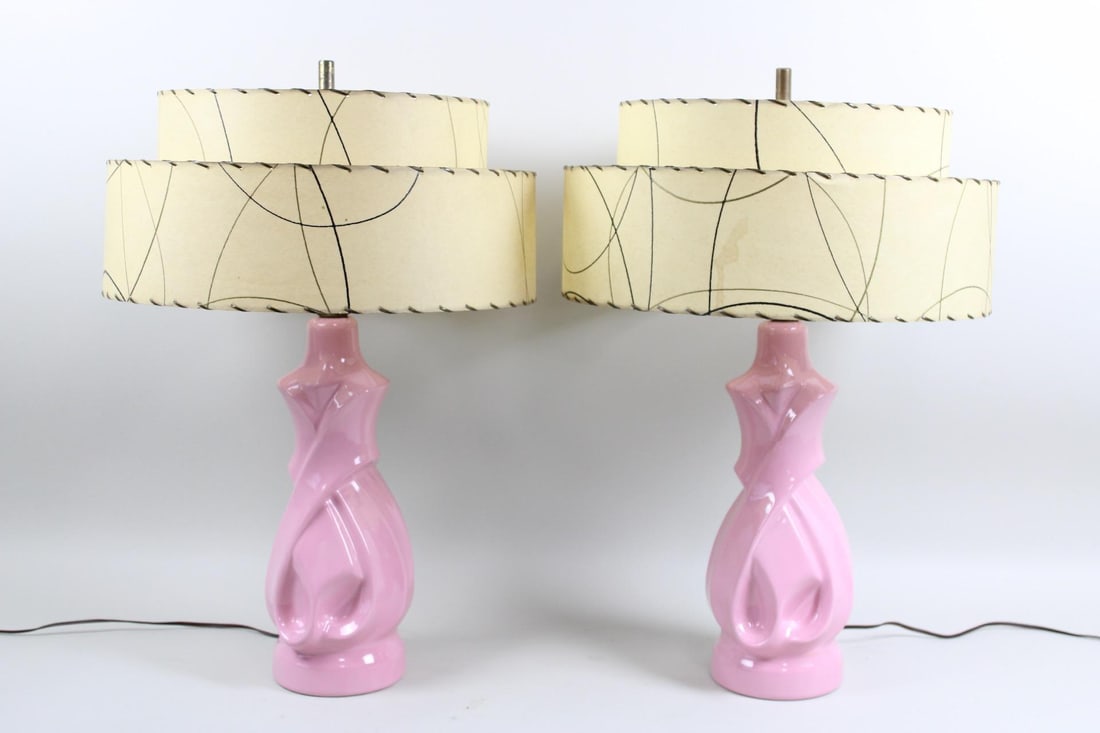 Pair of Pink Ceramic Table Lamps with Fiberglass Shades (1 of 8)