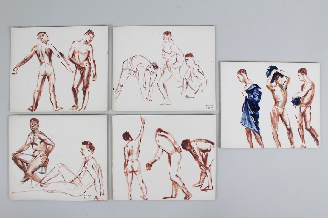Lot of 5 Minimalist Nude Male Figure Paintings, Signed Freedy 1957: Lot of 5 Male Figure Study Paintings. Five small paintings on board, featuring nude and semi-nude men in various poses. Two are signed Freedy lower right and dated 5.21.1957. Dimensions are 6 in h x 7