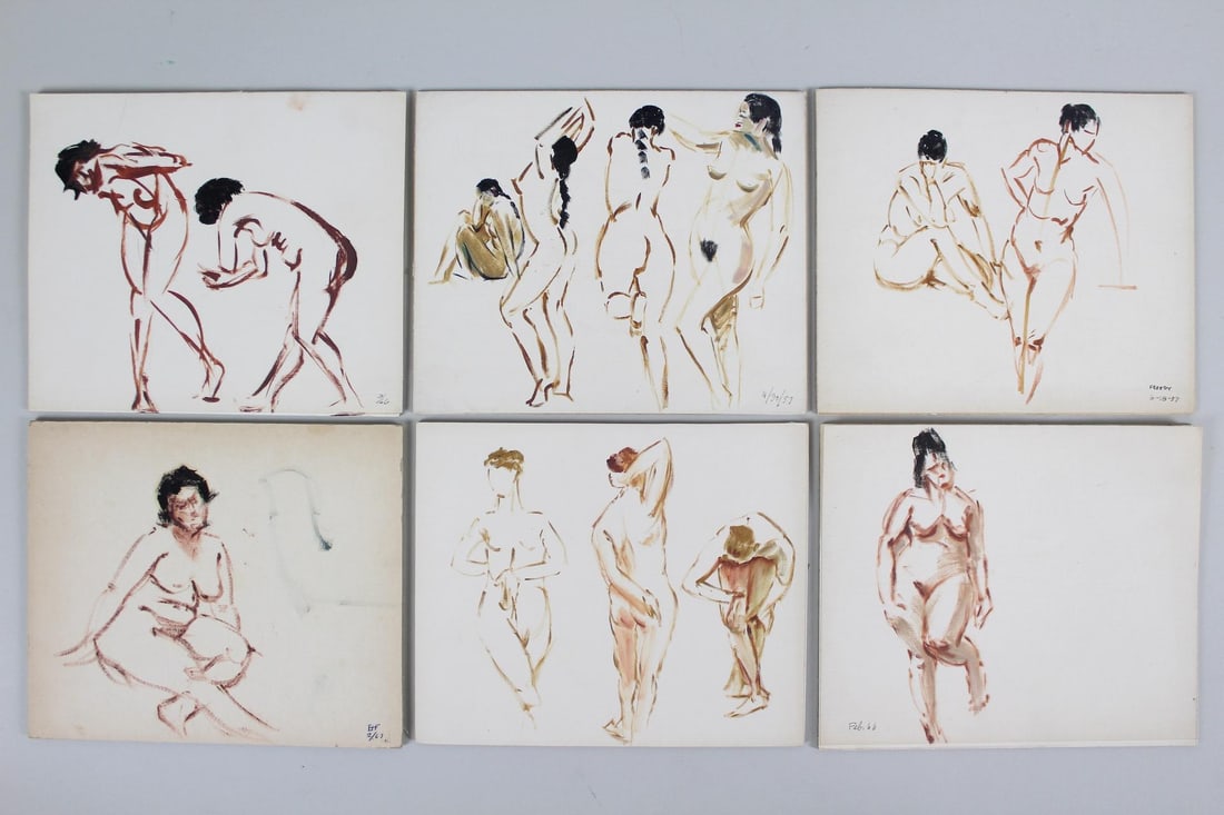Lot of 6 Minimalist Nude Female Figure Paintings, Freedy 1950s, 1 of 2: Lot of 6 Nude Female Figure Paintings, Freedy 1950s. Six small paintings on board, featuring nude women in various poses. One is signed Freedy lower right, another is initialed GF and dates range from