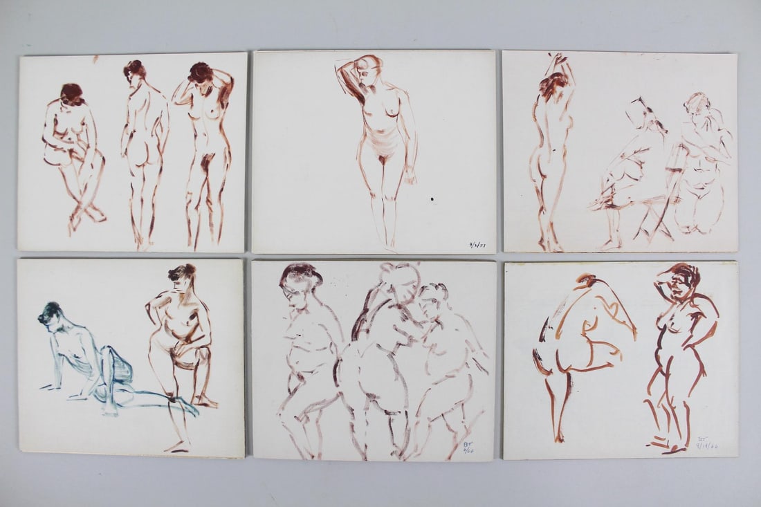 Lot of 6 Minimalist Nude Female Figure Paintings, Freedy 1950s, 2 of 2: Lot of 6 Nude Female Figure Paintings, Freedy 1950s. Six small paintings on board, featuring nude women in various poses. Two are initialed GF lower right and dates range from 1957 to 1966. Dimensions