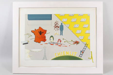 Jan Voss Color Limited Edition Lithograph "Chienlit" 1969: Jan Voss Color Limited Edition Lithograph "Chienlit". Pencil signed, titled and numbered XXII/ XXV in the lower margin by the artist Jan Voss (German b. 1936.) In a white wooden frame. Dimensions