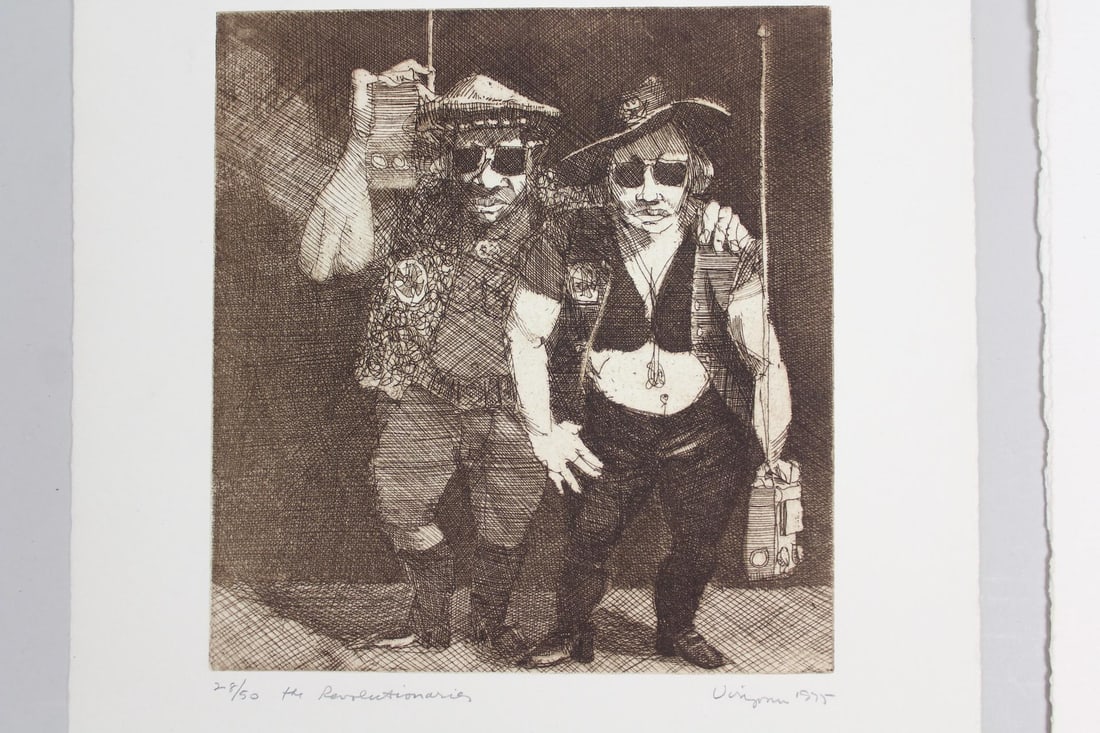 Pair of Hank Virgona Etchings, The Revolutionaries & Urinal, 1970s: Pair of Hank Virgona Etchings, The Revolutionaries & Urinal, 1970s. Included is an etching on paper in black ink. Signed lower right by the artist Hank Virgona (American,1929-2019) and editioned 28/50