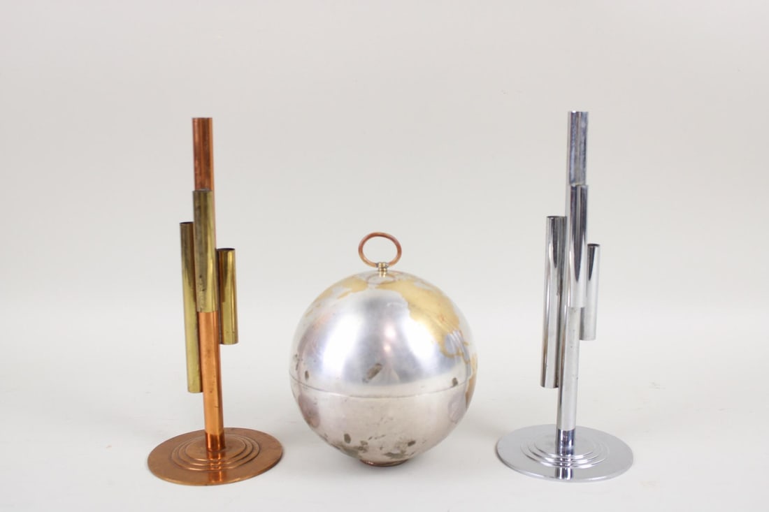 3 Pc Metal Lot, 2 Chase Art Deco Skyscraper Vases & Globe Cigarette Dispenser (1 of 18)