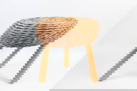 Mid-Century Modern 3 Legged Wicker Wood Stool, Tony Paul: Mid-Century Modern Tony Paul 3 Legged Wicker Wood Stool. Mid-century Modern wicker stool with three legs and a woven rattan Attributed to Tony Paul with no marks. Dimensions are 11.75 in h x 11.5 in w
