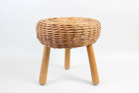 Mid-Century Modern 3 Legged Wicker Wood Stool, Tony Paul: Mid-Century Modern Tony Paul 3 Legged Wicker Wood Stool. Mid-century Modern wicker stool with three legs and a woven rattan Attributed to Tony Paul with no marks. Dimensions are 11.75 in h x 11.5 in w