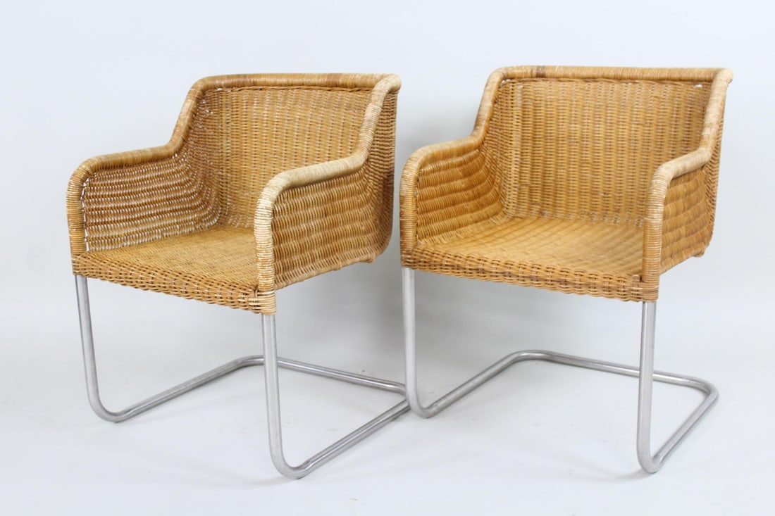 Pair of Mid-Century Modern Wicker & Chrome Cantilever Chairs, Harvey Probber Style (1 of 14)
