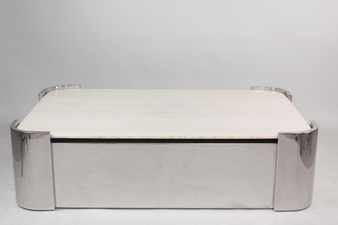 Mid-Century Modern Polished Steel & Travertine Coffee Table, Pace Collection (1 of 9)