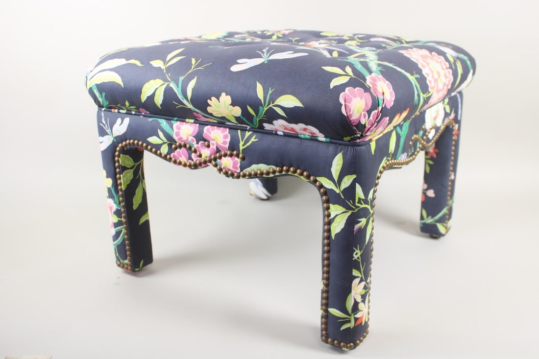 Post Modern Ottoman with Studs & Tropical Upholstery (1 of 9)