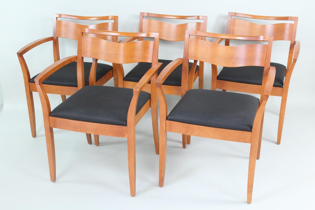 Lot of 5 KnollStudio 'Ricchio' Upholstered Wooden Armchairs, Knoll: Lot of 5 KnollStudio 'Ricchio' Upholstered Wooden Armchairs, Knoll. These chairs by Joseph and Linda Ricchio for Knoll have a curved wood frames with carved chevron style back rests, and seats upholst