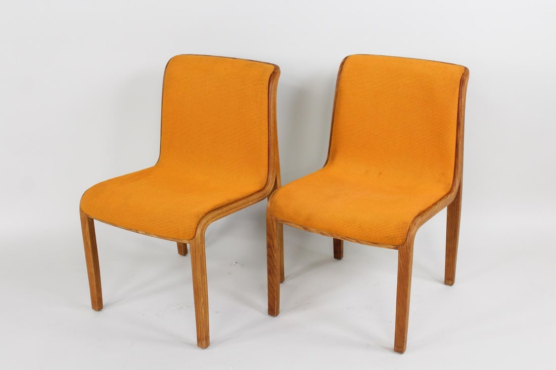 Pair of Mid-Century Modern Bentwood Dining Chairs, Bill Stephens for Knoll: Pair of Mid-Century Modern Bentwood Dining Chairs, Bill Stephens for Knoll. These 2 chairs have bentwood seats on the minimalist frames, and are upholstered in orange fabric. No maker's mark, we belie