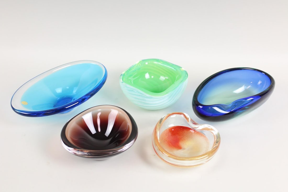 Lot of 5 Blown Glass Ashtray Dish Bowls, Murano, Orrefors (1 of 18)