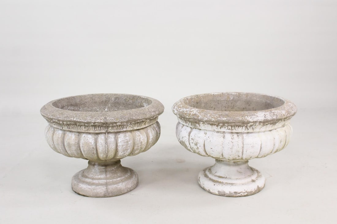 Pair of Neoclassical Scalloped Cast Stone Concrete Urn Pedestal Planters (1 of 7)
