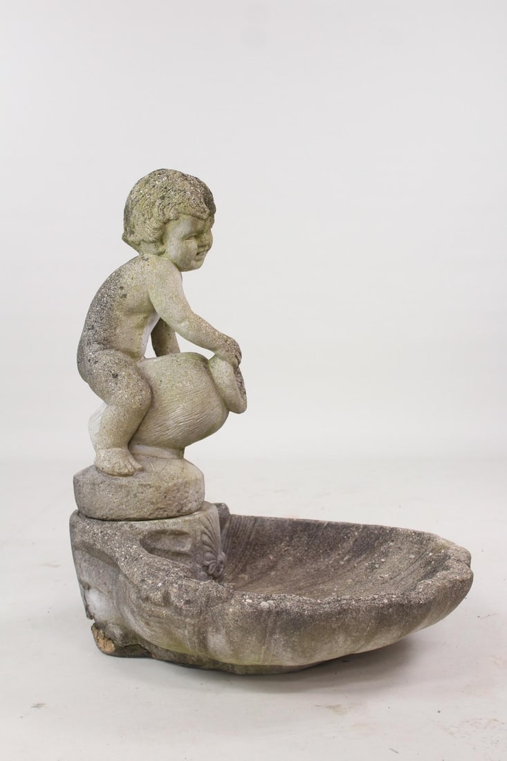 Cast Stone Concrete Fountain, Putti Style Child and Shell (1 of 9)
