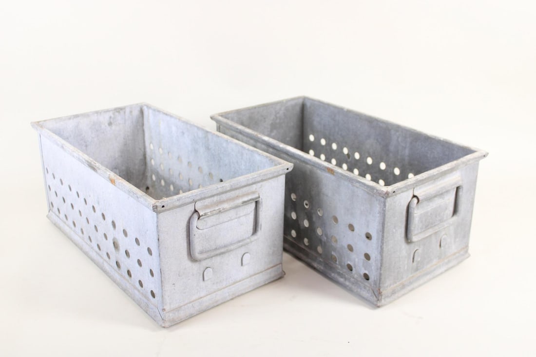 Pair of Industrial Perforated Zinc Bins with Handles (1 of 6)