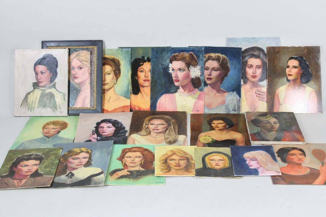 Lot of 20 Portrait Paintings of Women, Signed Reber: Lot of 11 Paintings Featuring Women, Signed Reber. Paintings on board, signed "Reber" and dated across decades from the 1970s to the 1990s. One is framed. Dimensions are 14-28 in h x 11-18 in w x .25 