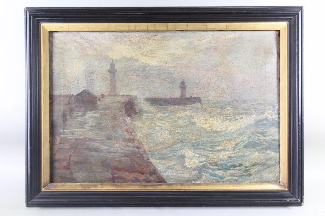 Nautical Painting of Twin Lighthouses in a Storm, Cape Ann (1 of 11)