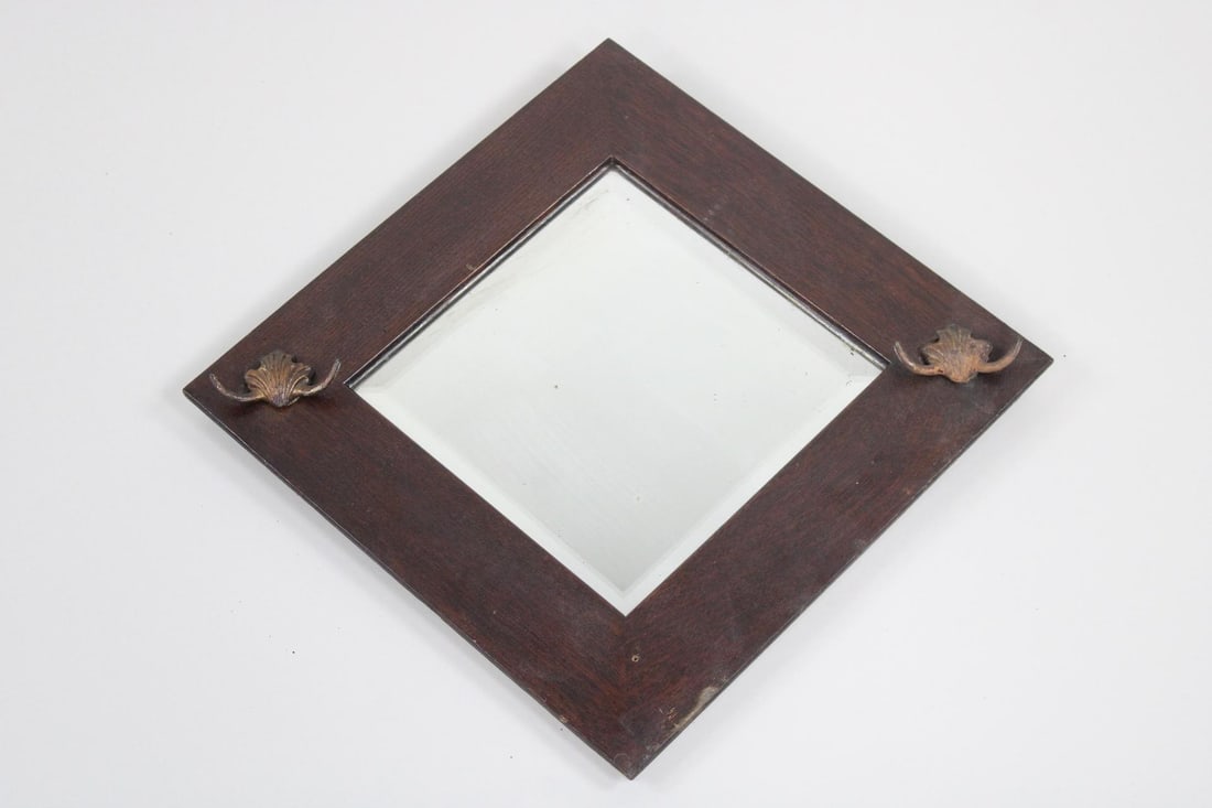 Hanging Diamond Shaped Wall Mirror, Wood Frame & Brass Hooks (1 of 8)