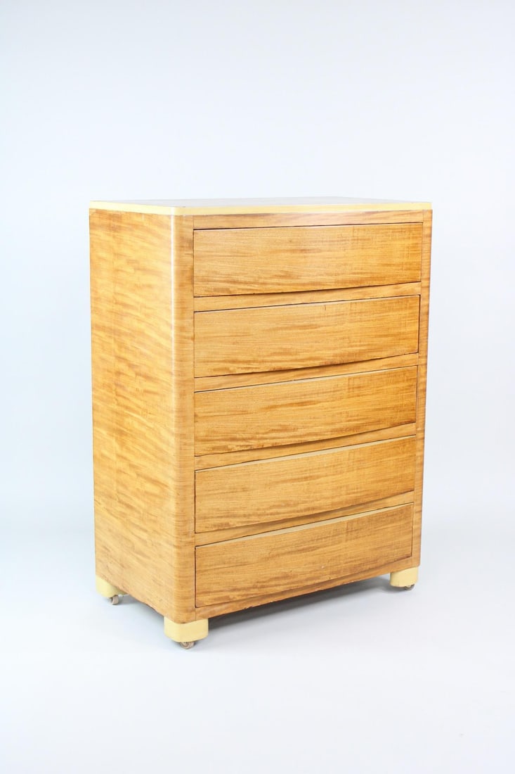 Mid-Century Modern 5-Drawer Curved Blonde Wood Dresser: Mid-Century Modern 5-Drawer Curved Blonde Wood Dresser. This standing highboy chest of drawers has convex pull drawers and rounded corner edges, on rolling caster wheels. No visible maker's mark, stam