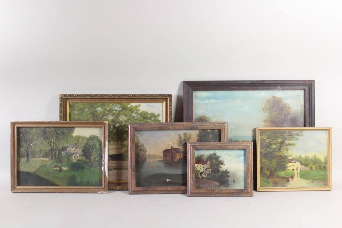 Lot of 6 Framed Landscape Paintings with Houses (1 of 17)