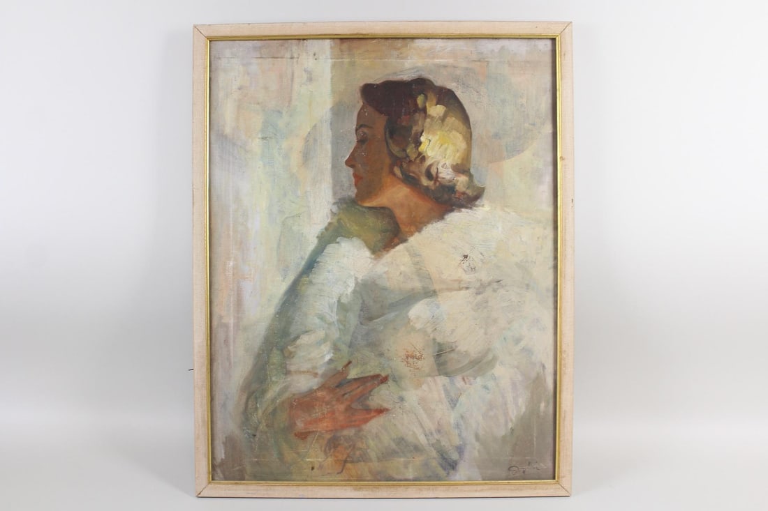 John D. Harrison Portrait of a Posh Mid-Century Woman: John D. Harrison Portrait of a Posh Mid-Century Woman. Painting on canvas signed lower right and on the back by the artist John D. Harrison (20th Century.) Titled Anita Swezy Portrait on the back and 