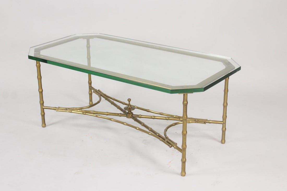 Hollywood Regency Glass & Brass Faux Bamboo Coffee Table, Maison Bagues Style (1 of 8)