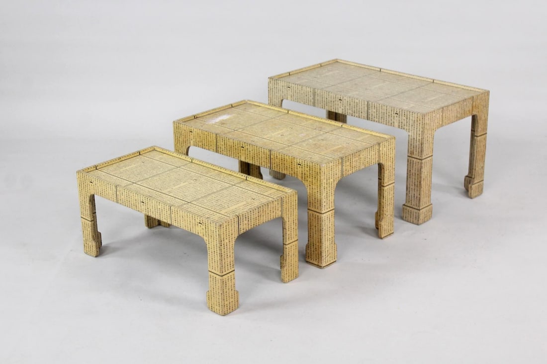 Set of 3 Chow Foot Nesting Chinese Tables, Decoupaged Paper: Set of 3 Chow Foot Nesting Chinese Tables, Decoupaged Paper. These three small, stackable low coffee or tea tray tables have curved chow feet and raised edges around the tops, papered entirely with pa