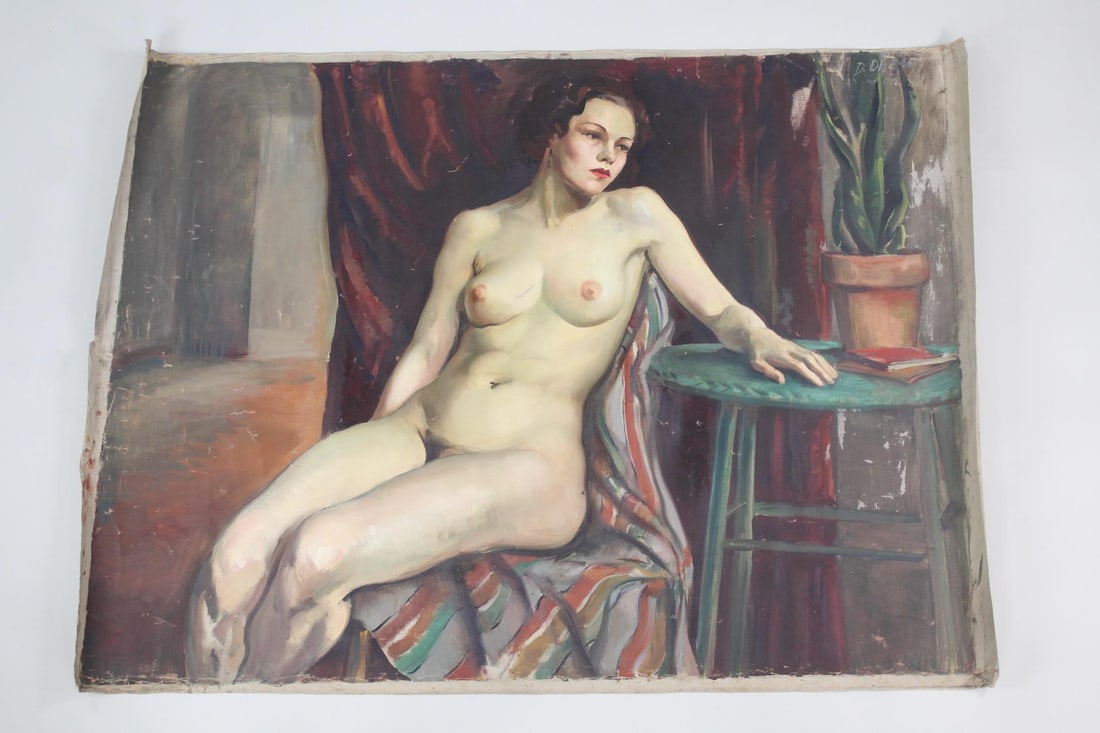 5-Foot Unstretched Oil Painting of Nude Woman by Dorothy Hart Drew: 5-Foot Unstretched Oil Painting of Nude Woman by Dorothy Hart Drew. This large portrait, just under 5.5' wide, by Dorothy Hart Drew (American, 1910-1994) features a naked female figure seated on a str