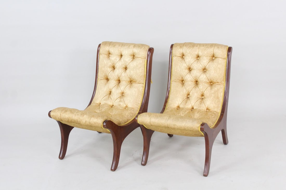 Pair of Curved Wood & Tufted Seat Slipper Chairs (1 of 12)