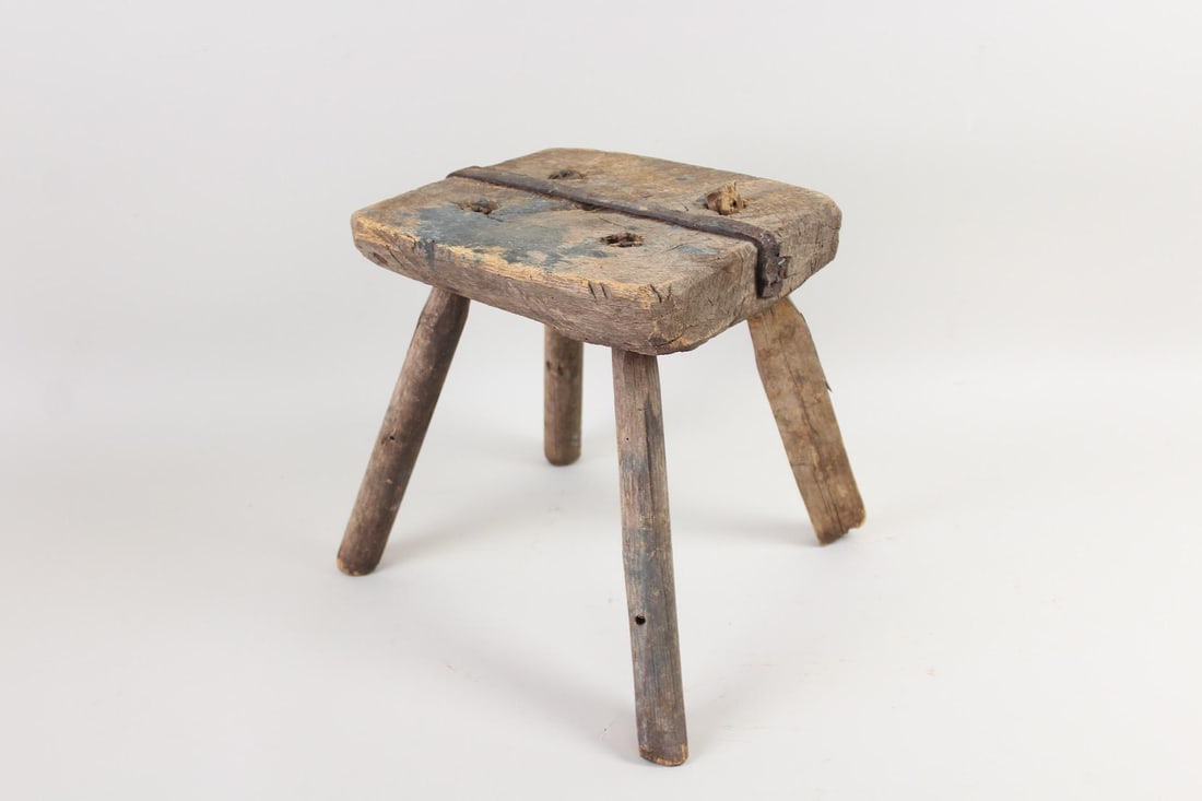 Primitive Wooden Milking Foot Stool with Leather Handle (1 of 6)