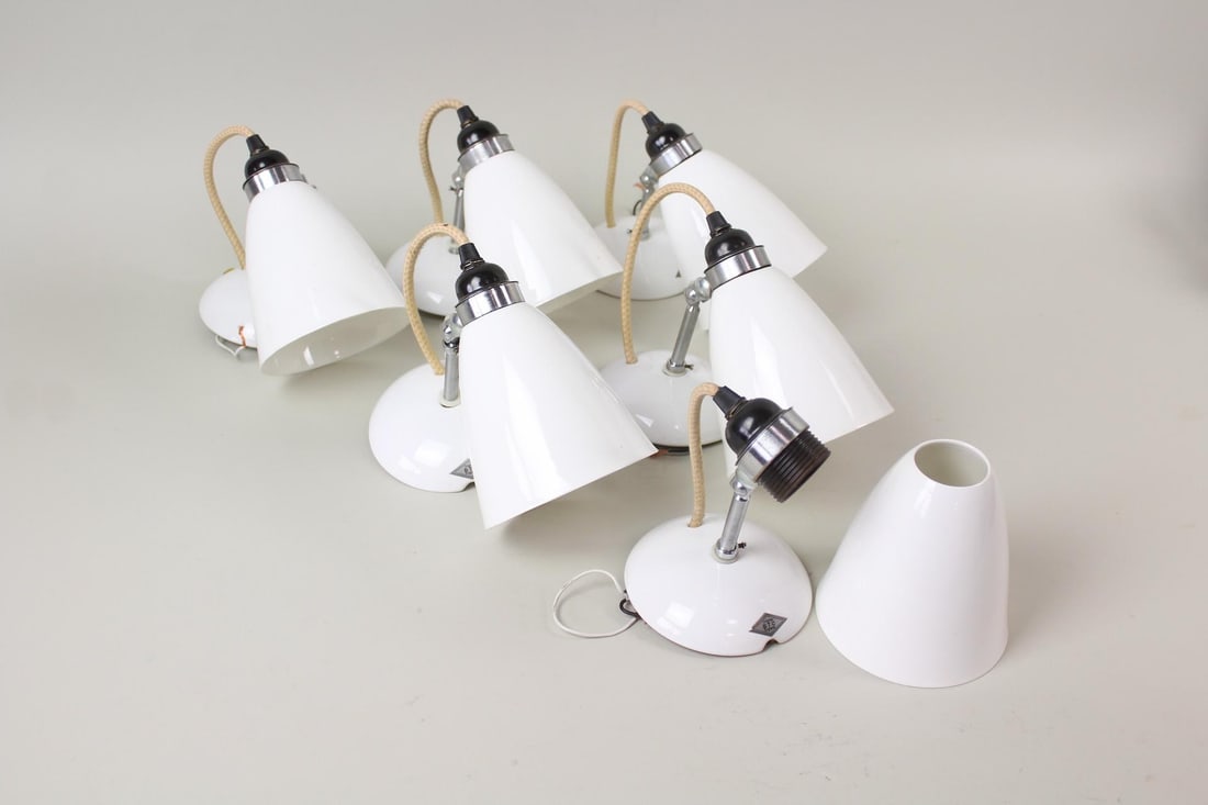 Set of 6 Contemporary "Original BTC" Hector Flowerpot Sconces, 1 of 2: Set of 6 "Original BTC" Hector Flowerpot Sconces. Matching set of metal wall lamps, with dome shaped bone china shades. Five are fully assembled, one is not. Marked Original BTC England. These lights 