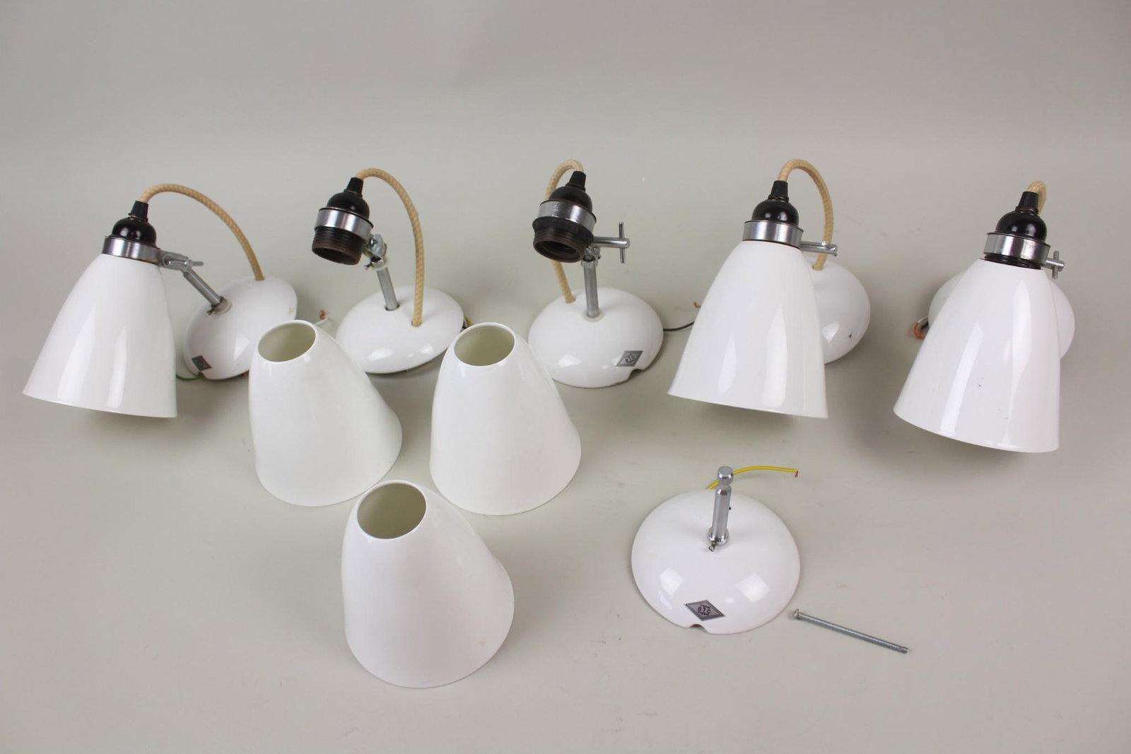 Set of 6 Contemporary "Original BTC" Hector Flowerpot Sconces, 2 of 2: Set of 6 Contemporary "Original BTC" Hector Flowerpot Sconces. Matching set of metal wall lamps, with dome shaped bone china shades. Three are assembled, 3 are not. Marked Original BTC England. These 