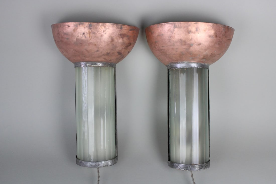Pair of Art Deco Copper & Glass Theater Sconces (1 of 14)