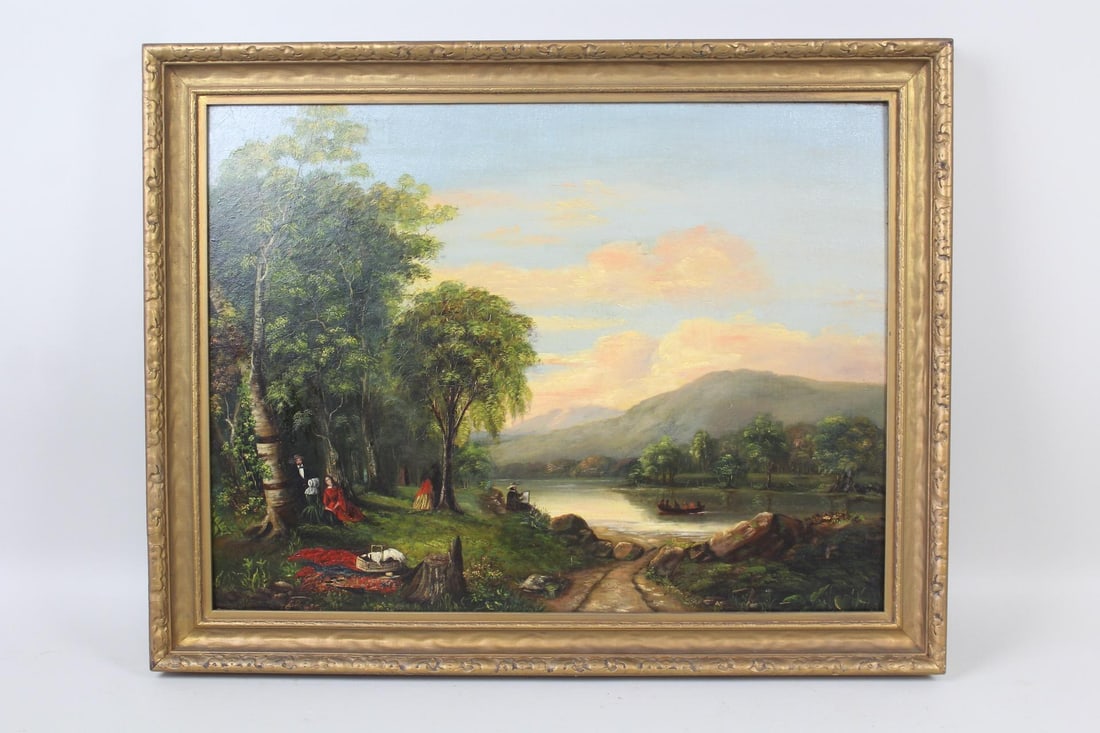 Framed Hudson River School Painting, Riverside Picnic (1 of 11)