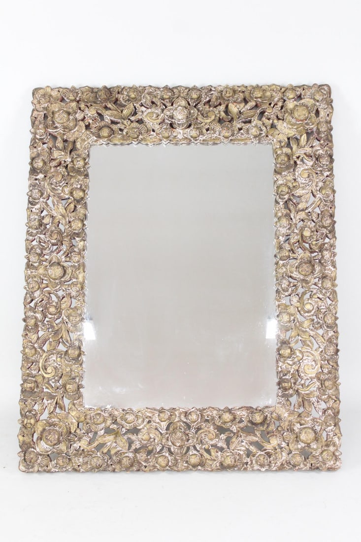 Large Gilded Carved Wood Flower Framed Mirror (1 of 7)