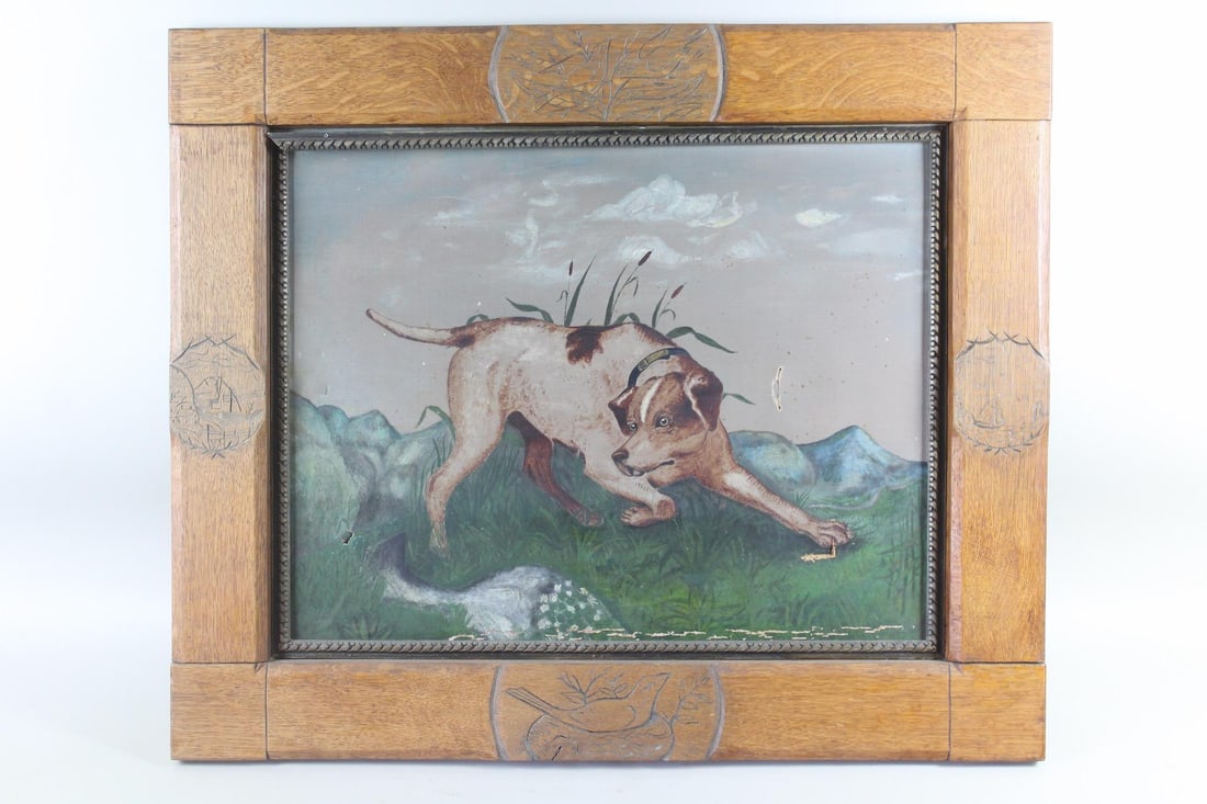Naive Hunting Dog Painting in Folk Art Carved Frame (1 of 12)