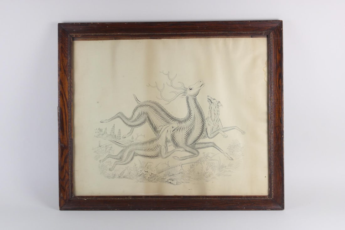 19th C. Folk Art Calligraphy Drawing of a Deer & Dogs, Spencerian (1 of 14)