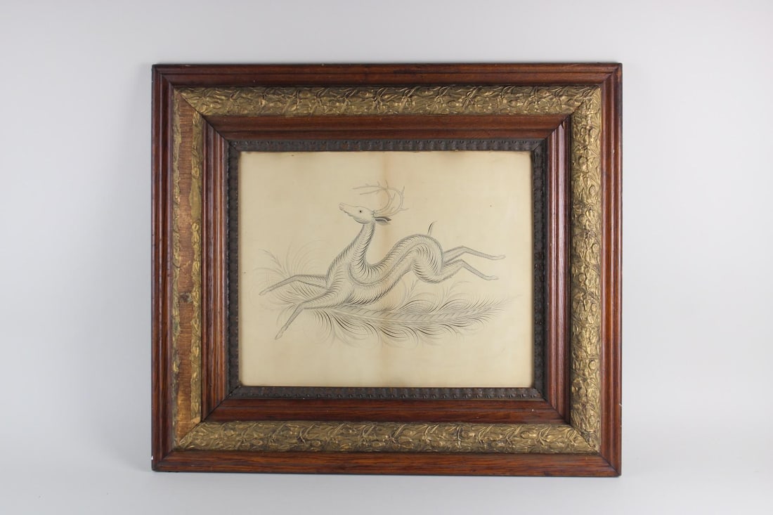 19th C. Folk Art Calligraphy Drawing of a Deer & Feather, Spencerian (1 of 7)