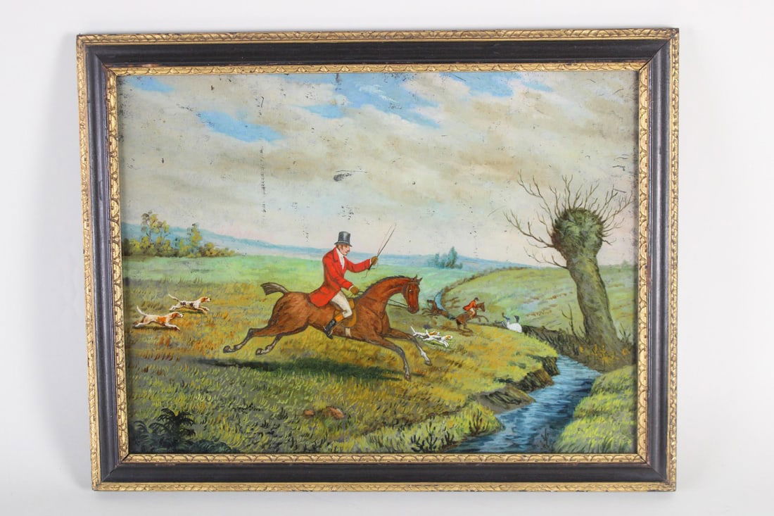 Framed Reverse Painting on Glass Fox Hunting Scene (1 of 7)