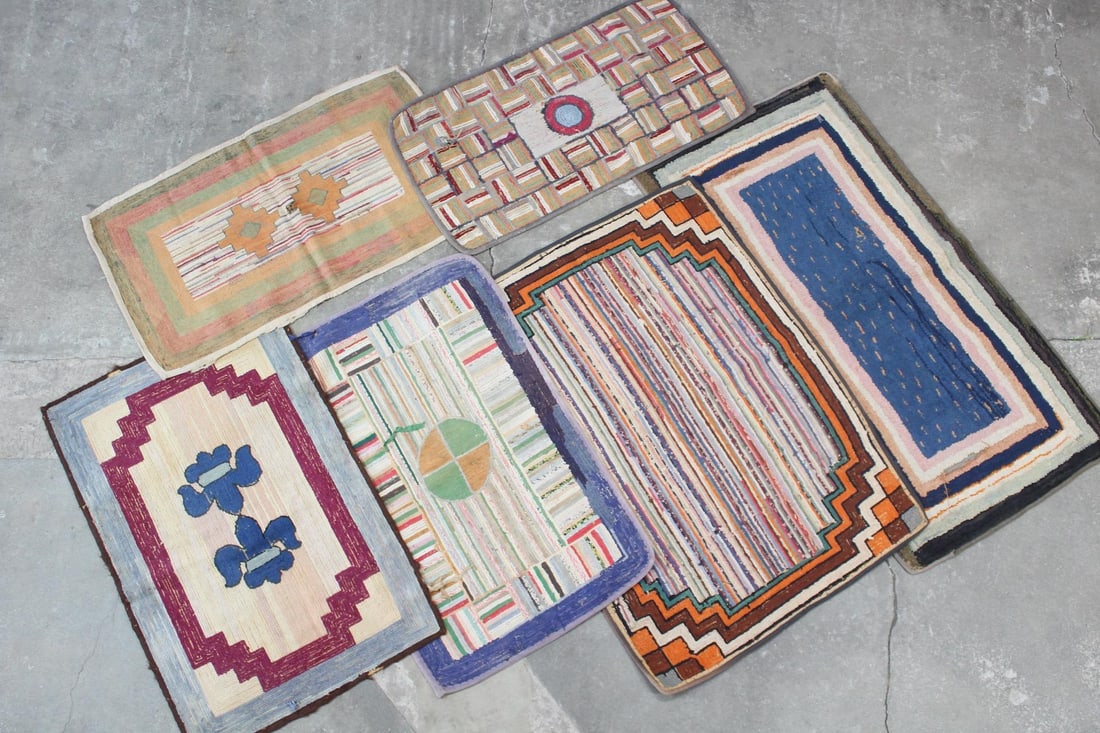 Lot of 6 Multicolor Hooked Wool Rugs, Geometric Patterns (1 of 18)