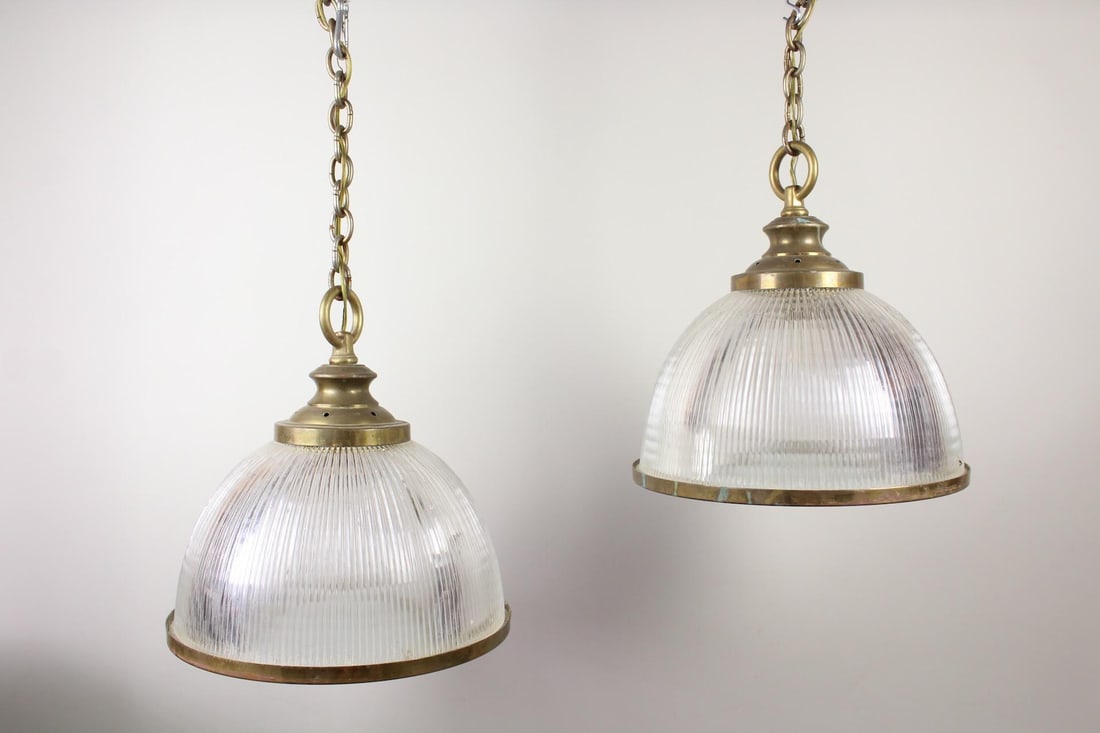 Pair of Industrial Holophane Glass & Brass Hanging Lights (1 of 7)