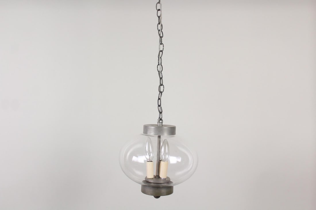 Dorset Onion Glass & Metal Pendant Light, Authentic Designs Vermont: Dorset Onion Glass & Metal Pendant Light, Authentic Designs Vermont. This hanging orb lamp has a wide glass shade and metal caps at top and bottom, with a chain for the ceiling. This is the Dorset Oni