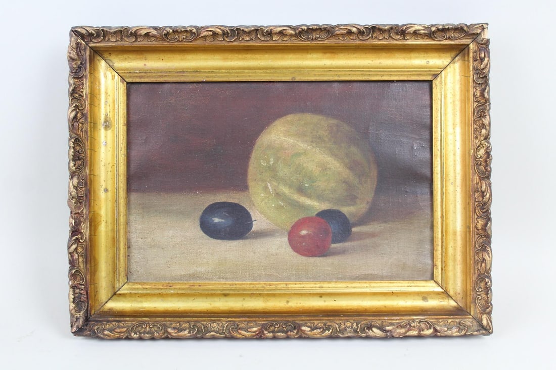 Gilt Framed 19th C. Minimalist Still Life Oil Painting of Fruit (1 of 8)