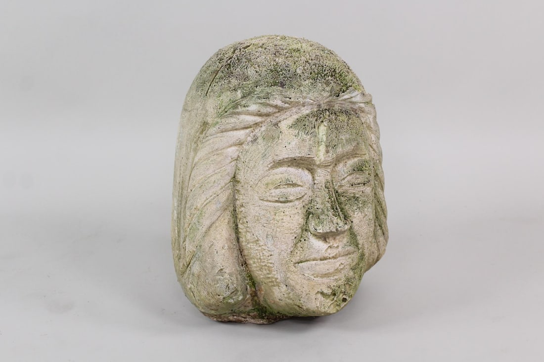 Oversized Lichen Covered Stone Head Garden Sculpture (1 of 6)