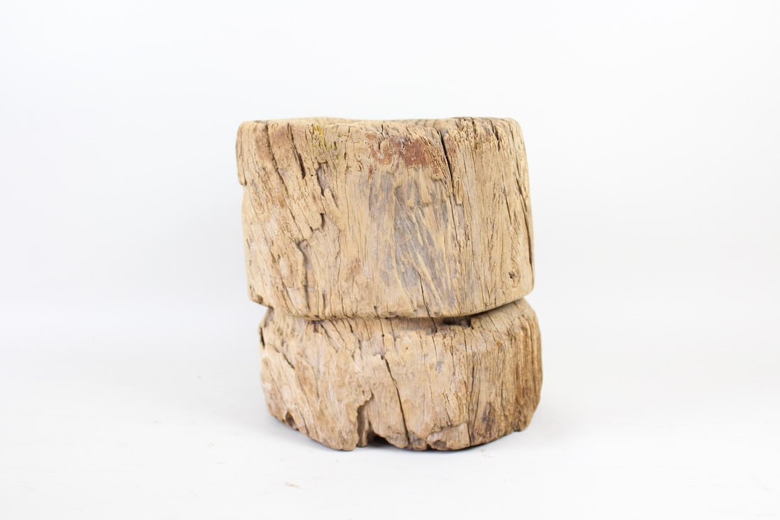 Primitive Industrial Wood Mortar Planter, 1 of 5: Primitive Industrial Wood Mortar Planter, 1 of 5. Hollowed out log with carved band around the outside and great patina. Four others are listed separately in this auction. Dimensions are 13.5 in h x 1