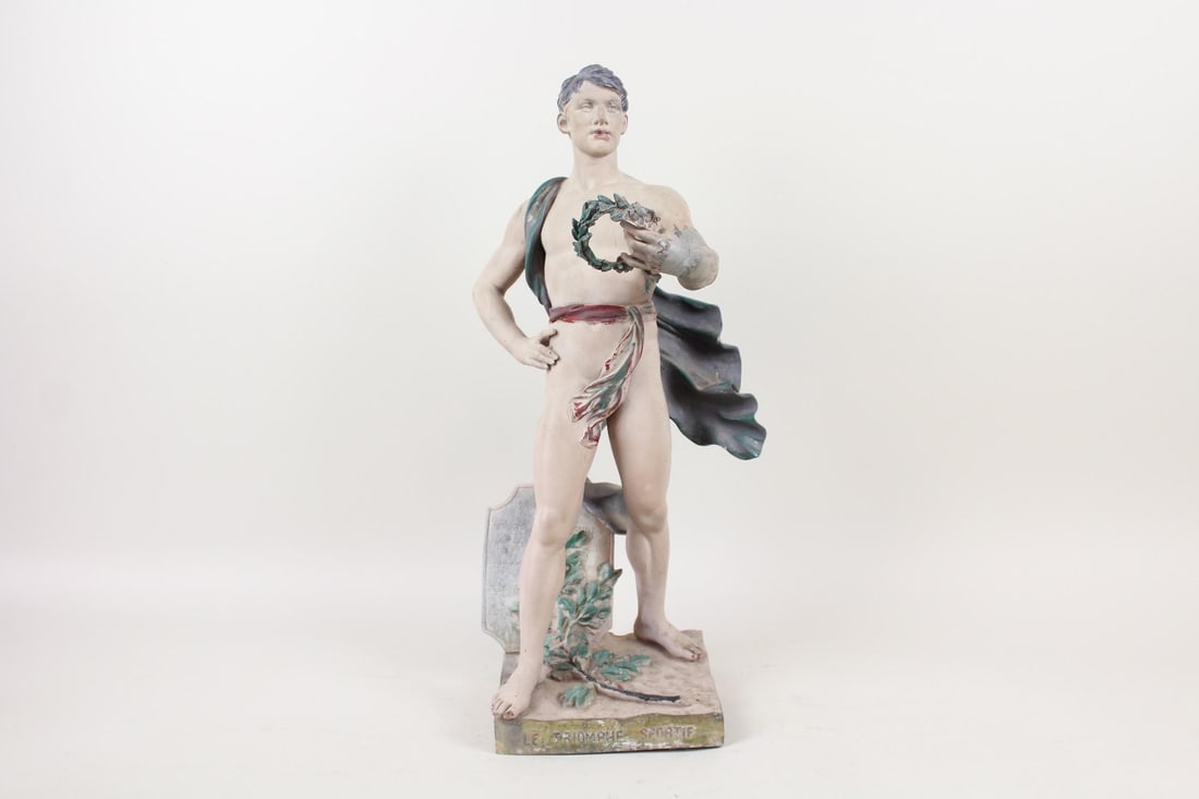 A.J. Scotte French Metal Nude Male Statue "Le Triomphe Sportif": A.J. Scotte French Metal Statue "Le Triomphe Sportif". 19th C painted cast metal sculpture of a triumphant male athlete, signed by the artist A.J. Scotte (French 1867-1925.) Dimensions are 24 in h x10
