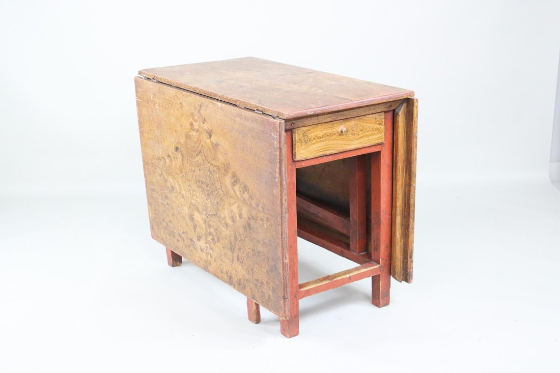 19th C. Primitive Drop-Leaf Farm Table, Painted Faux Grain Top (1 of 19)